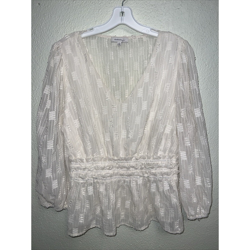 Orchid Haze Women's Natural Sheer Ruffled Baby Doll Top  (Large) Festive